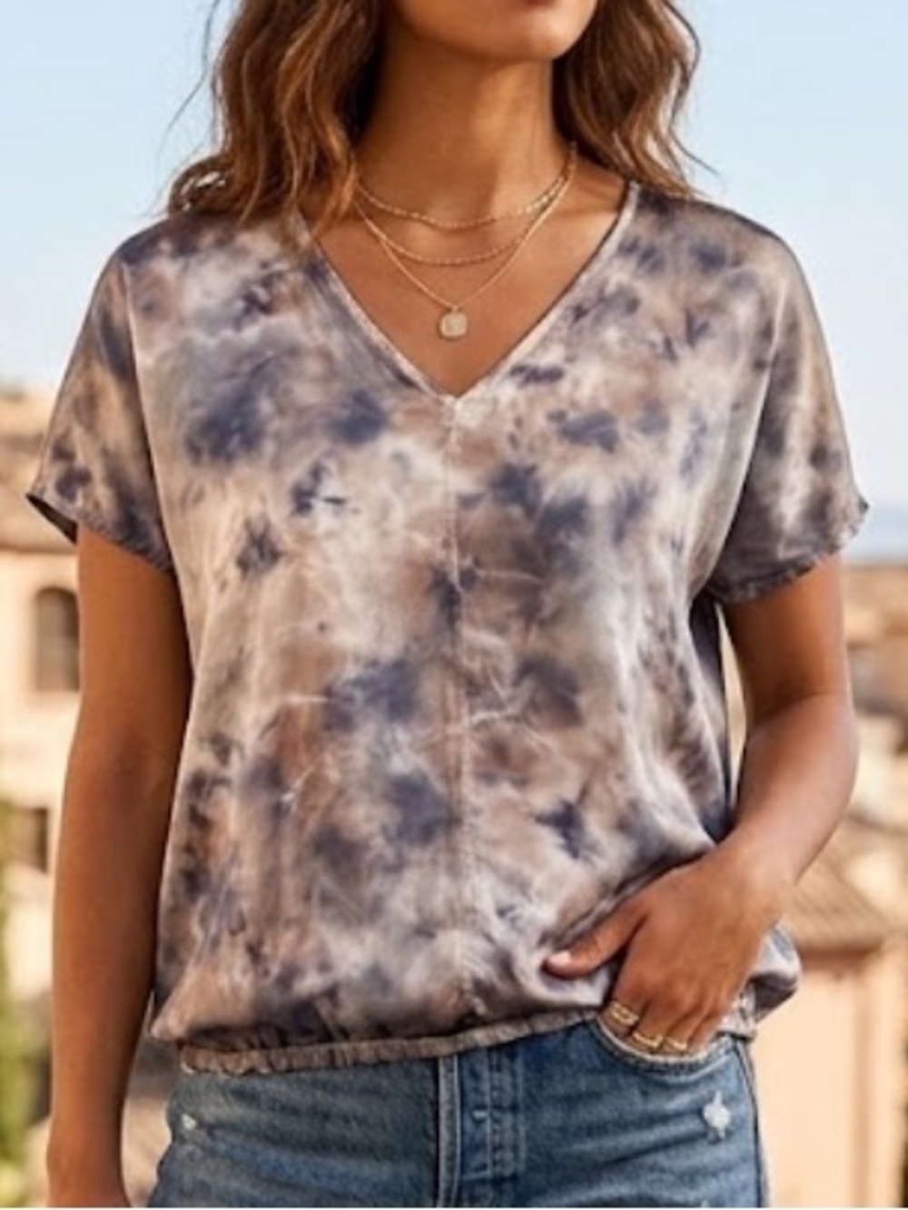 XCVI Hanno Soft satin Twill V-Neck Top tie dye Nebulous Pigment Wash S